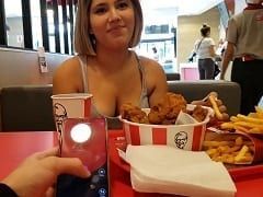 Delicious blonde Carolyn went to KFC and used a vibrator controlled by her boyfriend to fuck in the bathroom.