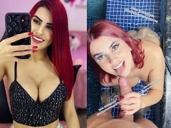 Red-haired giving her partner a blowjob in the motel bathtub