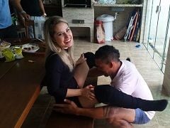 Beautiful blonde married woman being sucked in front of her cuckold