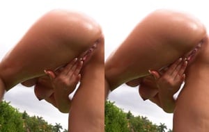Curvy amateur with oiled-up tits and ass pleasures herself outdoors with anal play