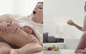 Curvy brunette moaning loudly while taking anal penetration deep on the couch