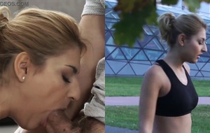 Sweaty brunette takes a thick cock deep in her ass after an intense jogging session