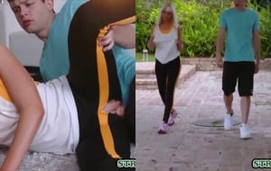 Busty blonde stepmom gets pounded hard by her young stepson after a sweaty workout