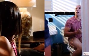 Naughty blonde catches handsome stranger masturbating in the bathroom and joins in