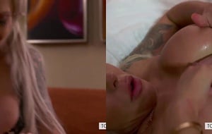 Busty blonde spreading wide on the couch and moaning while riding a thick shaft