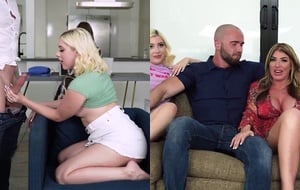 Naughty blonde eagerly deepthroats stepdad’s thick shaft as stepmom watches nearby